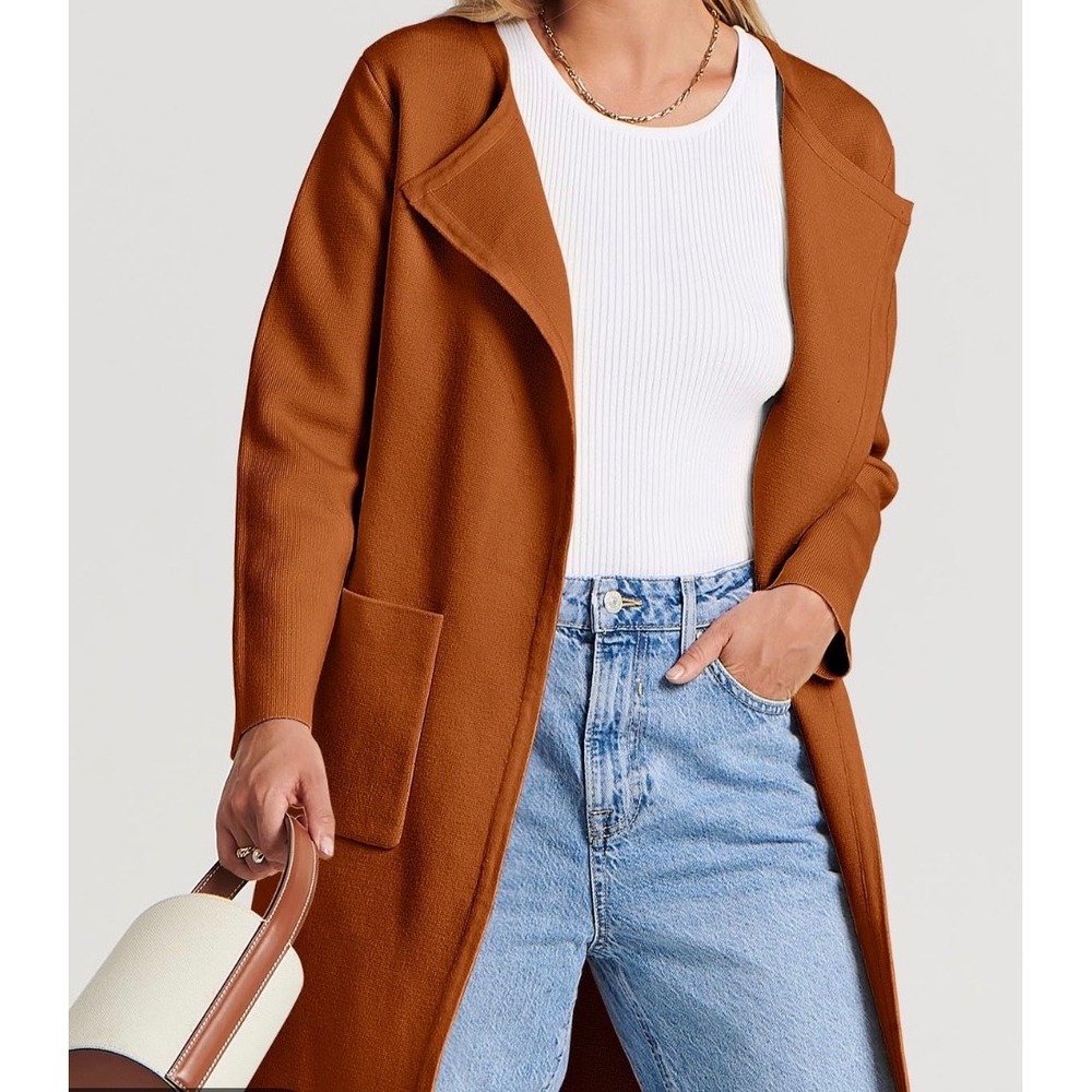 Anrabess Burnt Orange Open Front Longline Cardigan Rust Pockets boho minimalist